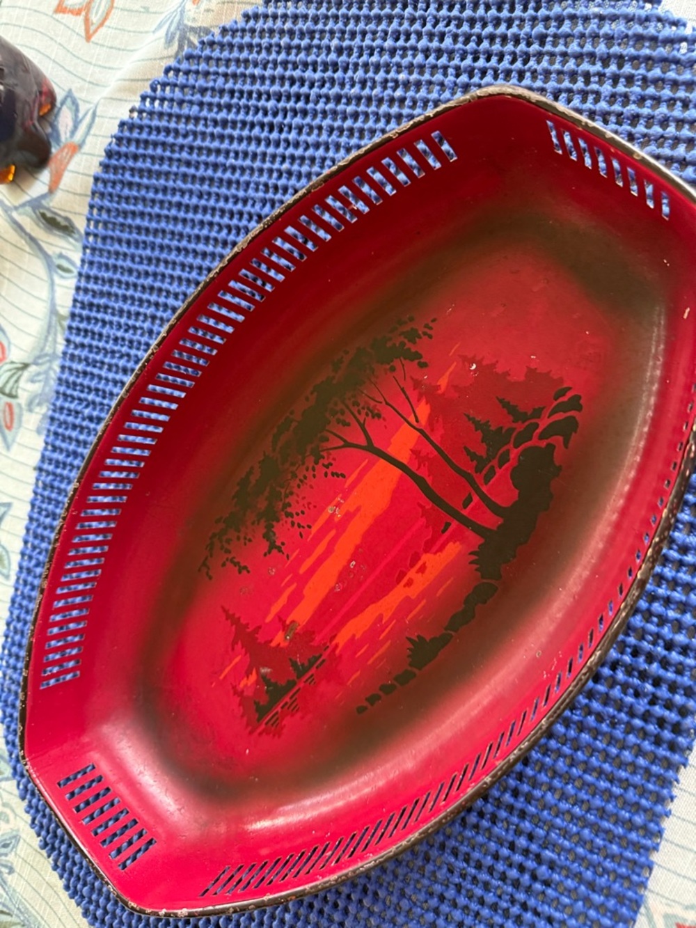 Vintage Scenic German Red Hand-Painted Decorative Metal Tray